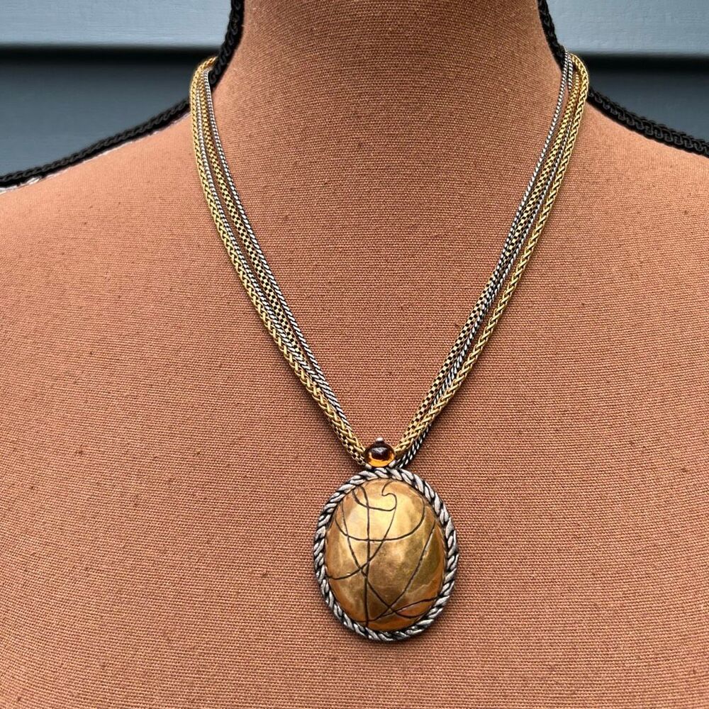 Chico’s, Art Deco Metal Pendant, Multi Chain Necklace Adjustable Clasp Closure